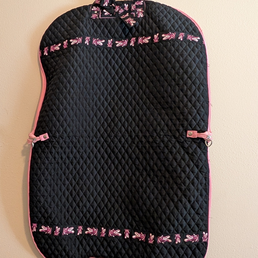 Elegant Black Quilted Garment Bag with Pink Ballet Shoes Details